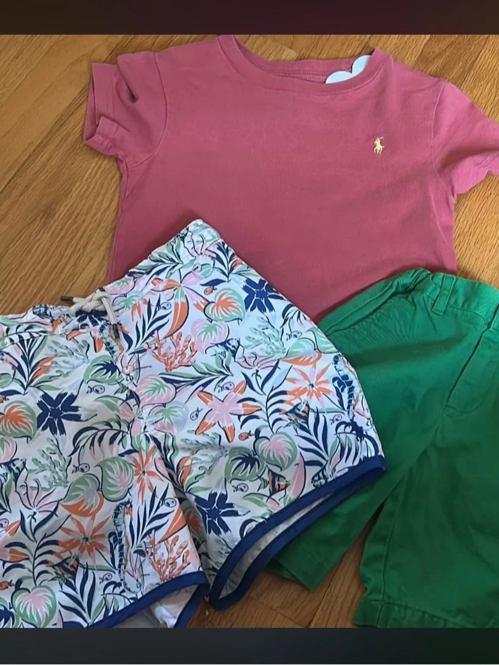 Ralph Lauren Polo Coral Polo Tee with Floral Swim Trunks & Kelly Green Shorts